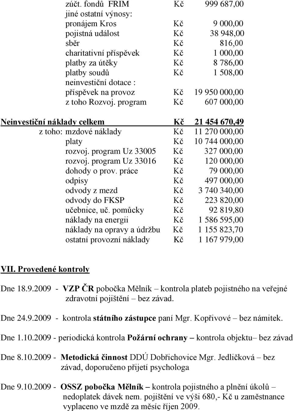 program Kč 607 000,00 Neinvestiční náklady celkem Kč 21 454 670,49 z toho: mzdové náklady Kč 11 270 000,00 platy Kč 10 744 000,00 rozvoj. program Uz 33005 Kč 327 000,00 rozvoj.