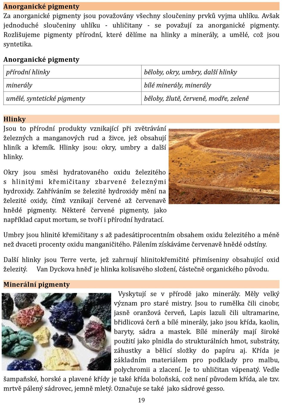 Anorganické pigmenty přírodní hlinky minerály umělé, syntetické pigmenty běloby, žlutě, červeně, modře, zeleně Hlinky Jsou to přírodní produkty vznikající při zvětrávání železných a manganových rud a