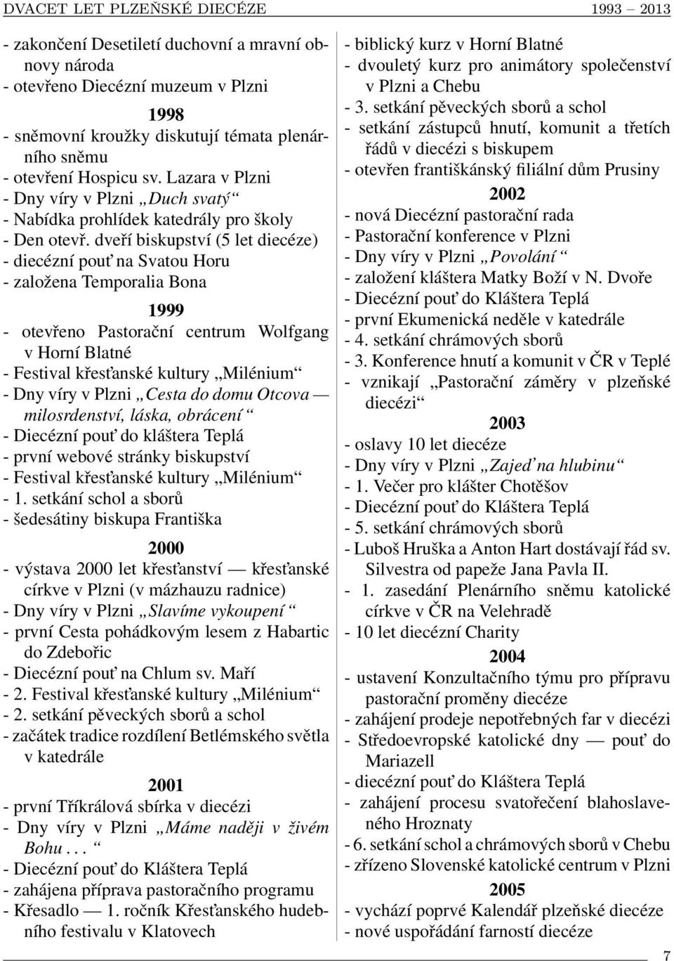 dveří biskupství (5 let diecéze) - diecézní pout na Svatou Horu - založena Temporalia Bona 1999 - otevřeno Pastorační centrum Wolfgang v Horní Blatné - Festival křest anské kultury Milénium - Dny