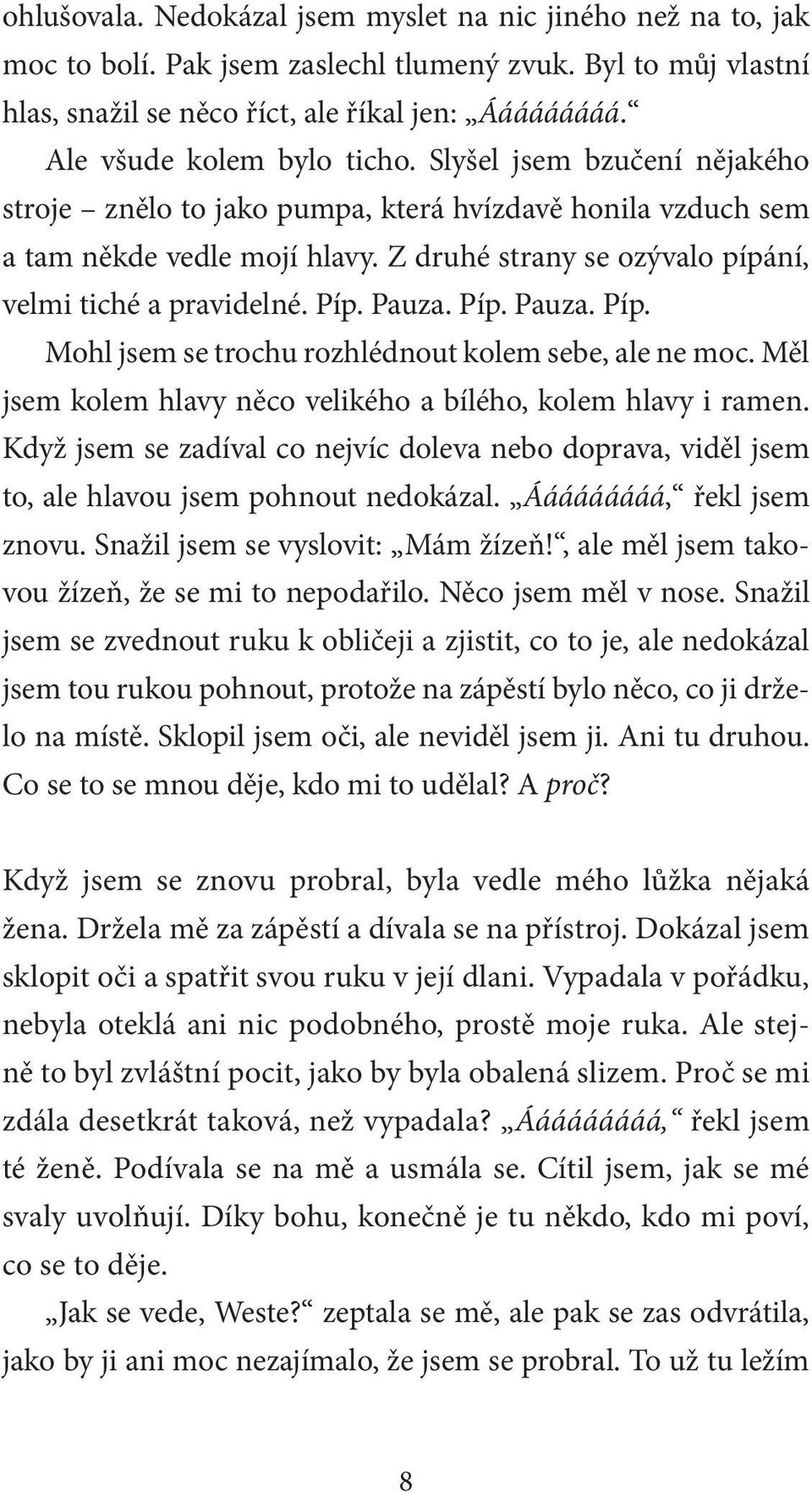 Z druhé strany se ozývalo pípání, velmi tiché a pravidelné. Píp. Pauza. Píp. Pauza. Píp. Mohl jsem se trochu rozhlédnout kolem sebe, ale ne moc.