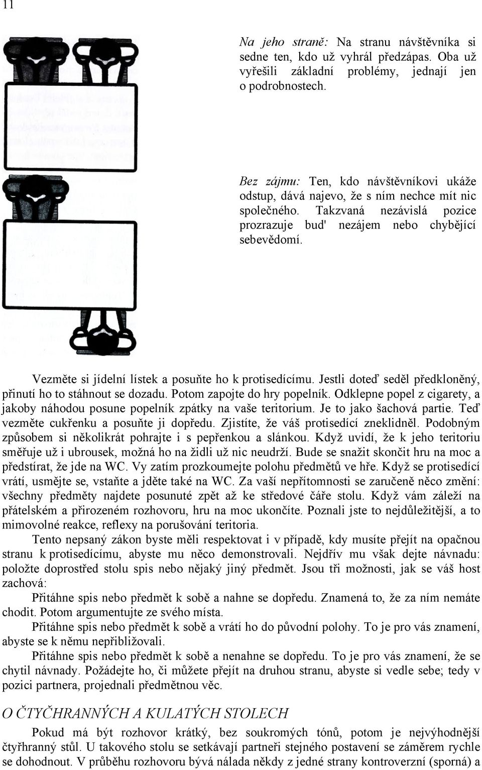 Vezměte si jídelní lístek a posuňte ho k protisedícímu. Jestli doteď seděl předkloněný, přinutí ho to stáhnout se dozadu. Potom zapojte do hry popelník.