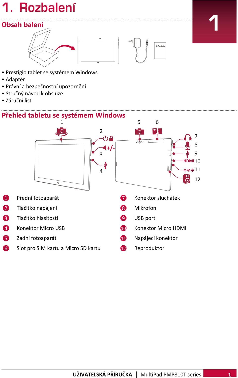 fotoaparát 7 Konektor sluchátek 2 Tlačítko napájení 8 Mikrofon 3 Tlačítko hlasitosti 9 USB port 4 Konektor Micro