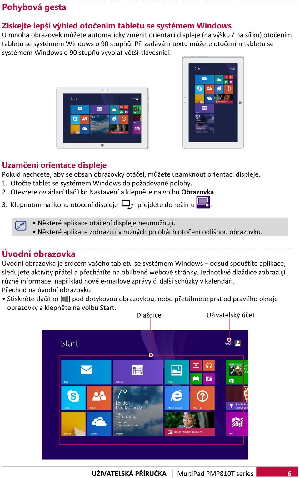 Uzamčení orientace displeje Pokud nechcete, aby se obsah obrazovky otáčel, můžete uzamknout orientaci displeje. 1. Otočte tablet se systémem Windows do požadované polohy. 2.