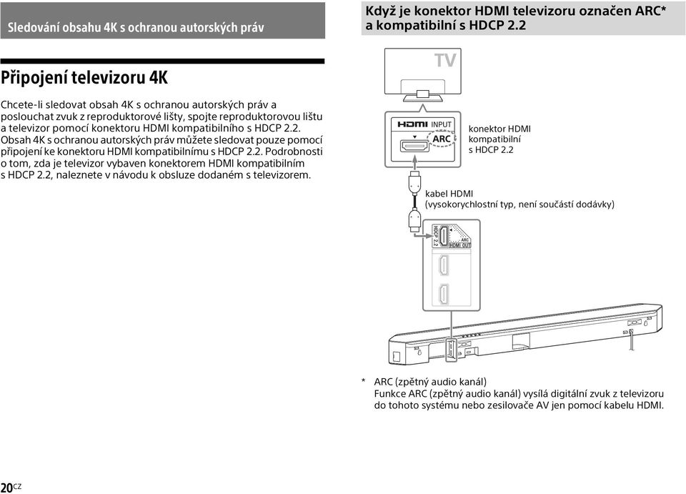 kompatibilního s HDCP 2.2. Obsah 4K s ochranou autorských práv můžete sledovat pouze pomocí připojení ke konektoru HDMI kompatibilnímu s HDCP 2.2. Podrobnosti o tom, zda je televizor vybaven konektorem HDMI kompatibilním s HDCP 2.