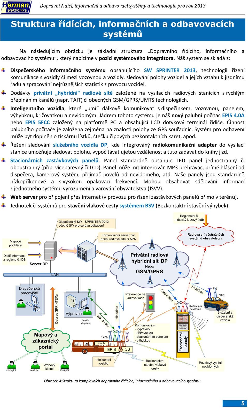 Náš systém se skládá z: Dispečerského informačního systému obsahujícího SW SPRINTER 2013, technologii řízení komunikace s vozidly či mezi vozovnou a vozidly, sledování polohy vozidel a jejích vztahu