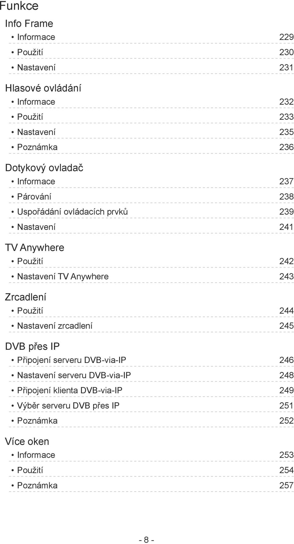 Anywhere 243 Zrcadlení Použití 244 Nastavení zrcadlení 245 DVB přes IP Připojení serveru DVB-via-IP 246 Nastavení serveru