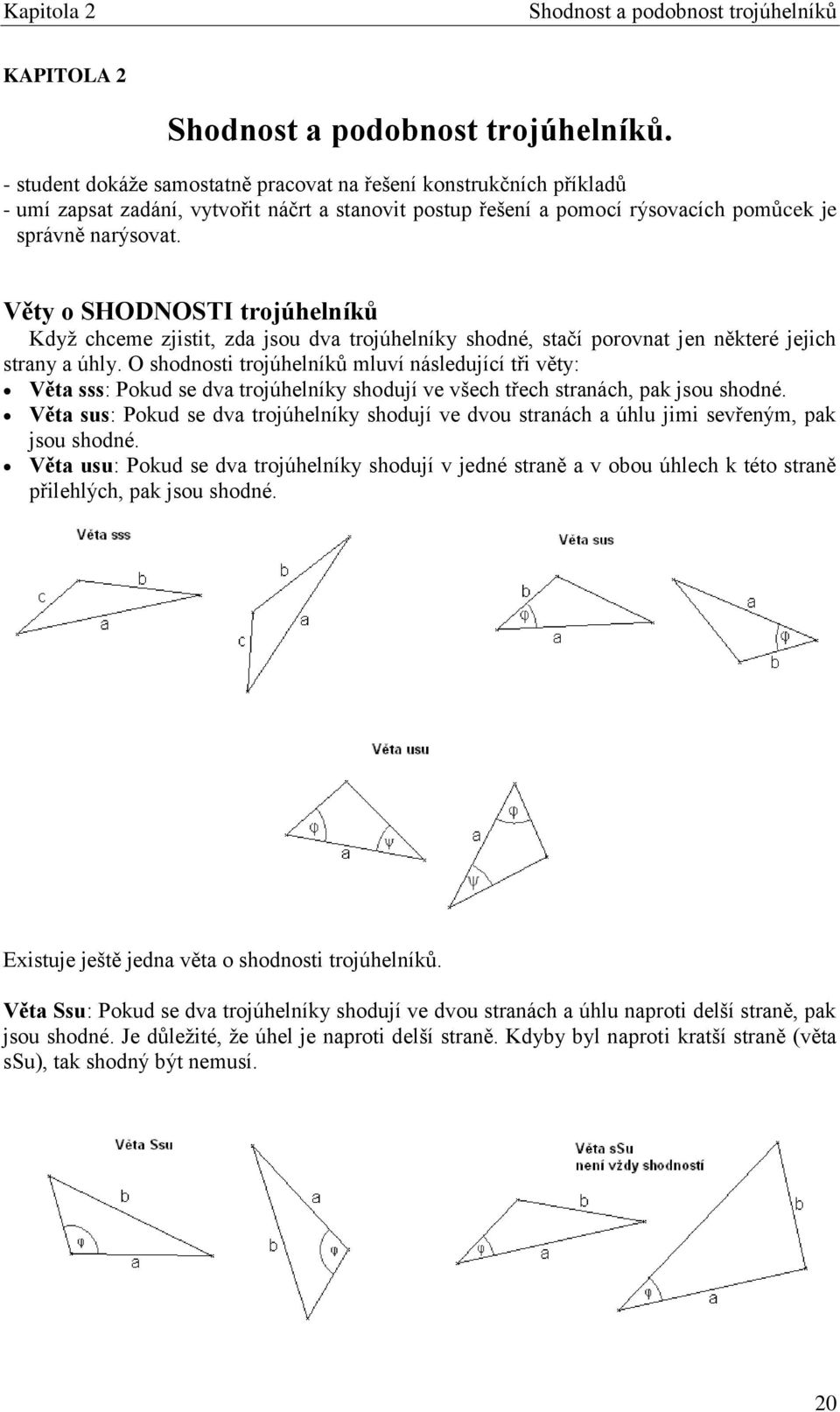 Věty o SHODNOSTI trojúhelníků Kdyţ chceme zjistit, zda jsou dva trojúhelníky shodné, stačí porovnat jen některé jejich strany a úhly.