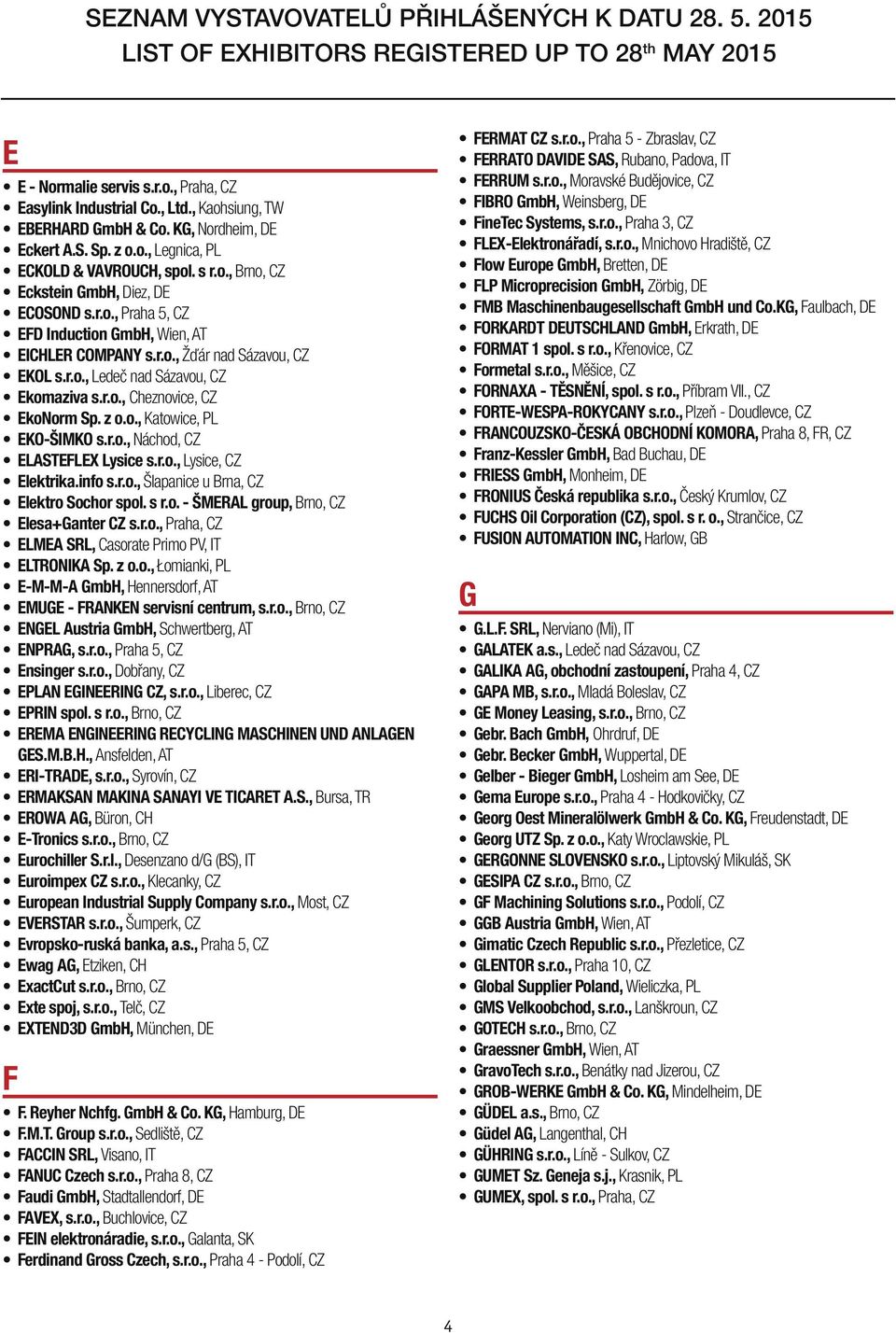 r.o., Náchod, CZ ELASTEFLEX Lysice s.r.o., Lysice, CZ Elektrika.info s.r.o., Šlapanice u Brna, CZ Elektro Sochor spol. s r.o. - ŠMERAL group, Brno, CZ Elesa+Ganter CZ s.r.o., Praha, CZ ELMEA SRL, Casorate Primo PV, IT ELTRONIKA Sp.