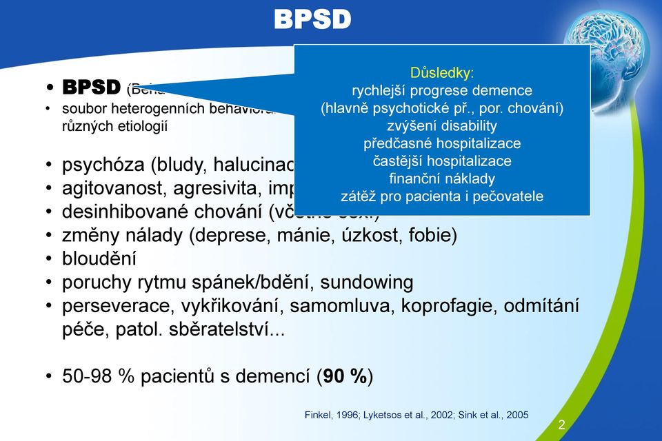 chování) různých etiologií zvýšení disability předčasné hospitalizace psychóza (bludy, halucinace) častější hospitalizace finanční náklady agitovanost, agresivita, impulzivita,