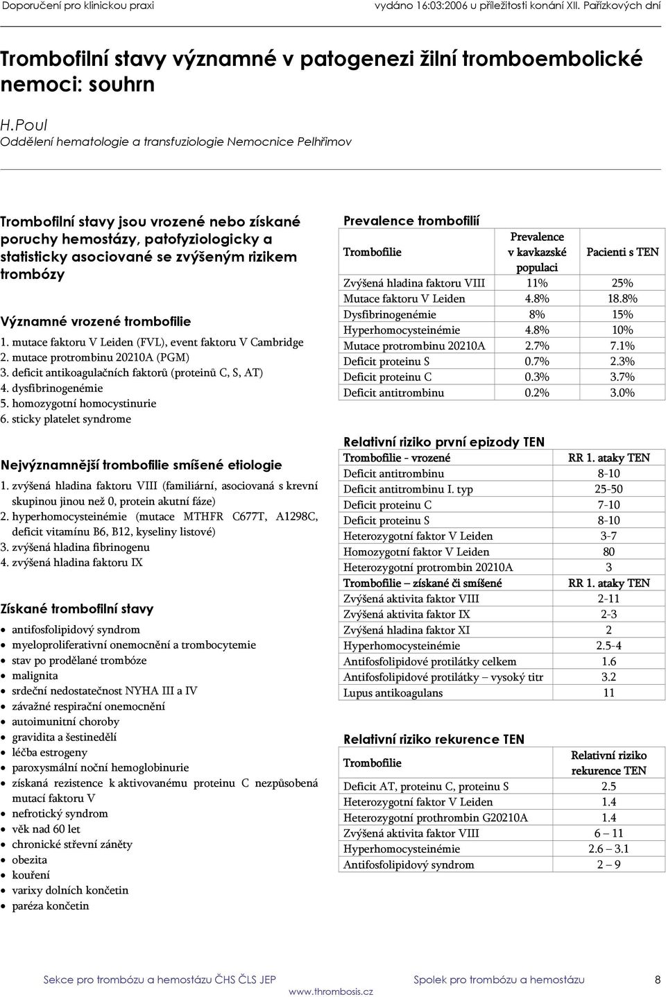 Významné vrozené trombofilie 1. mutace faktoru V Leiden (FVL), event faktoru V Cambridge 2. mutace protrombinu 20210A (PGM) 3. deficit antikoagulačních faktorů (proteinů C, S, AT) 4.