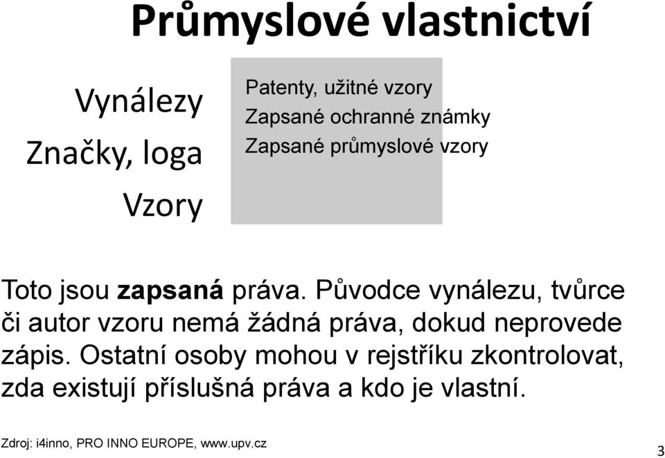 Původce vynálezu, tvůrce či autor vzoru nemá žádná práva, dokud neprovede zápis.