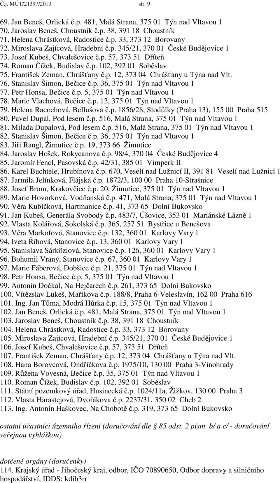 František Zeman, Chrášťany č.p. 12, 373 04 Chrášťany u Týna nad Vlt. 76. Stanislav Šimon, Bečice č.p. 36, 375 01 Týn nad Vltavou 1 77. Petr Honsa, Bečice č.p. 5, 375 01 Týn nad Vltavou 1 78.