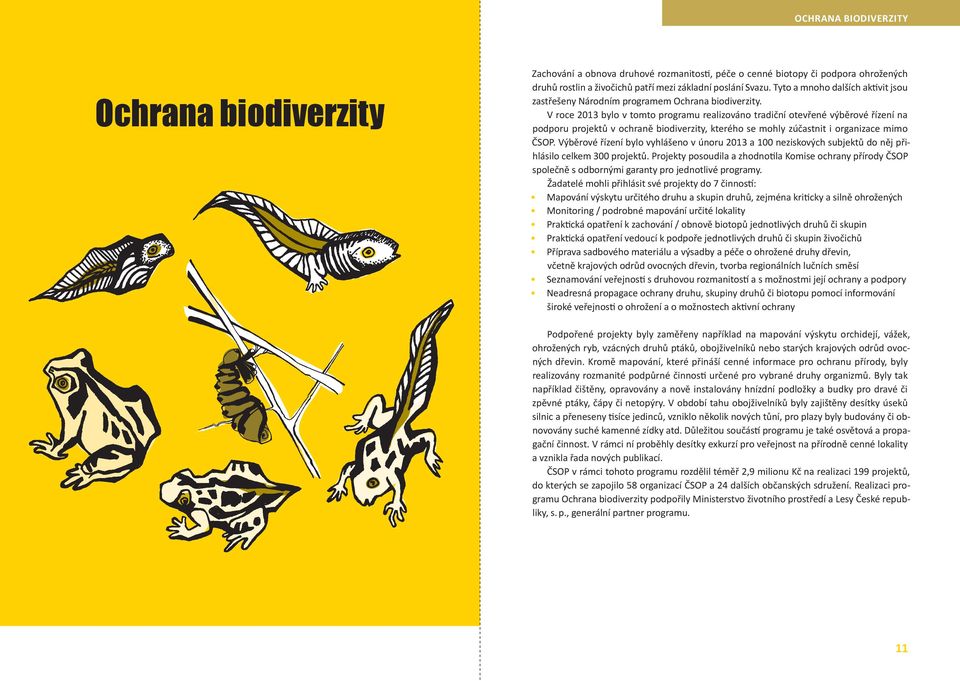 V roce 2013 bylo v tomto programu realizováno tradiční otevřené výběrové řízení na podporu projektů v ochraně biodiverzity, kterého se mohly zúčastnit i organizace mimo ČSOP.