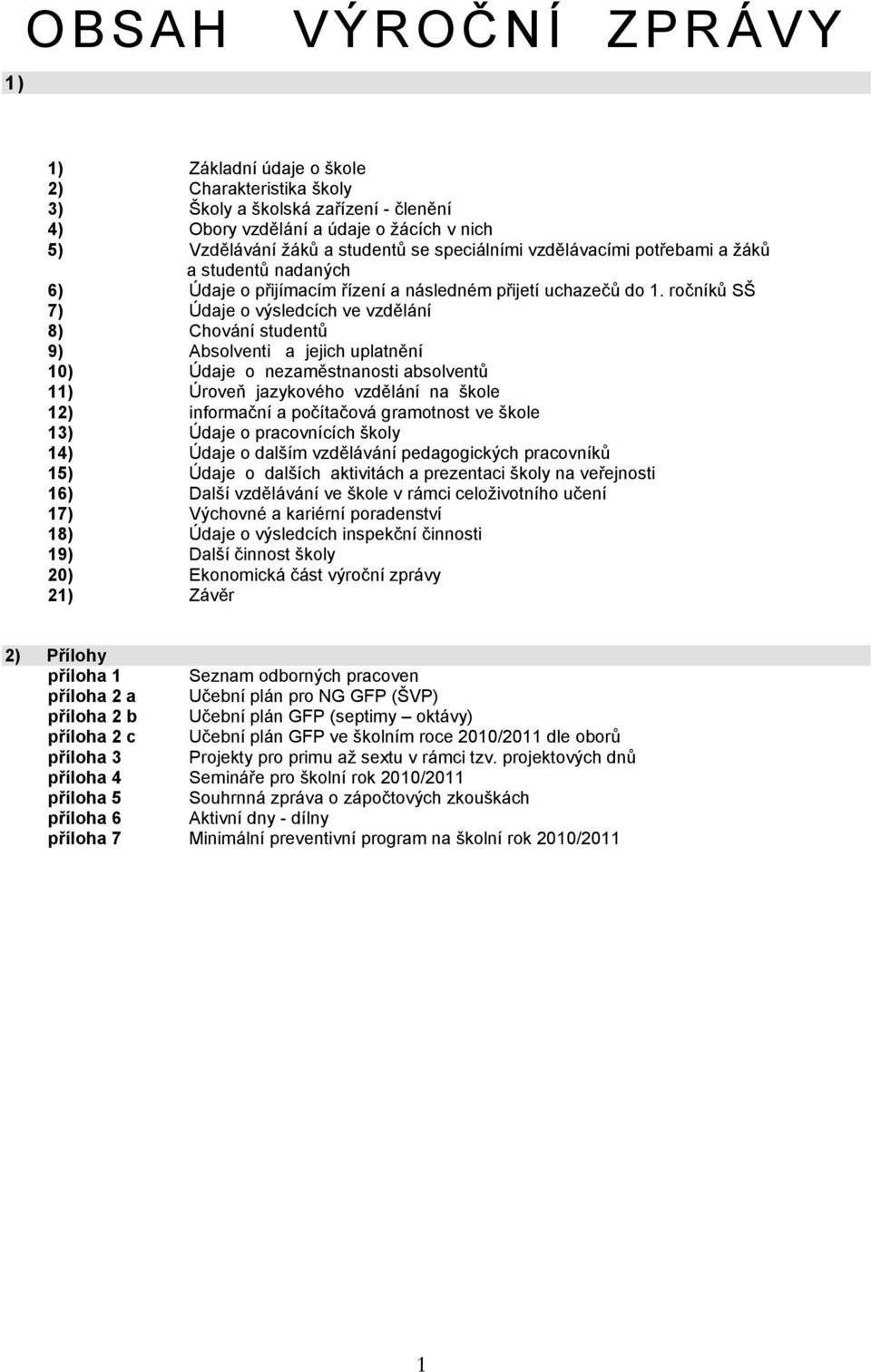 ročníků SŠ 7) Údaje o výsledcích ve vzdělání 8) Chování studentů 9) Absolventi a jejich uplatnění 10) Údaje o nezaměstnanosti absolventů 11) Úroveň jazykového vzdělání na škole 12) informační a