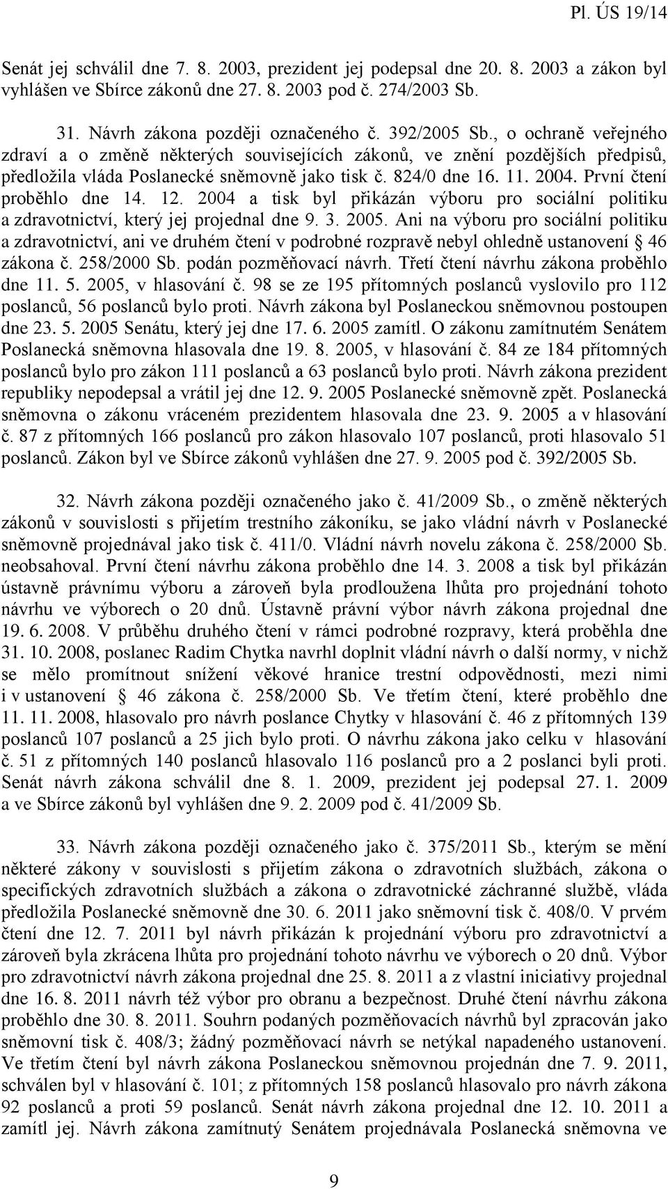 První čtení proběhlo dne 14. 12. 2004 a tisk byl přikázán výboru pro sociální politiku a zdravotnictví, který jej projednal dne 9. 3. 2005.