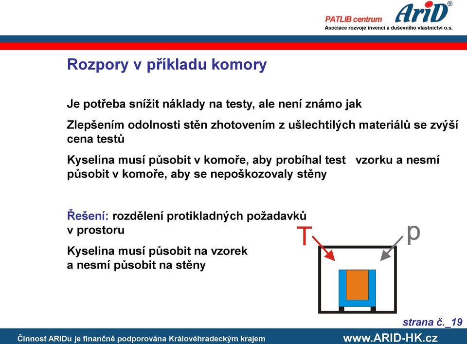 komoře, aby probíhal test vzorku a nesmí působit v komoře, aby se nepoškozovaly stěny Řešení: