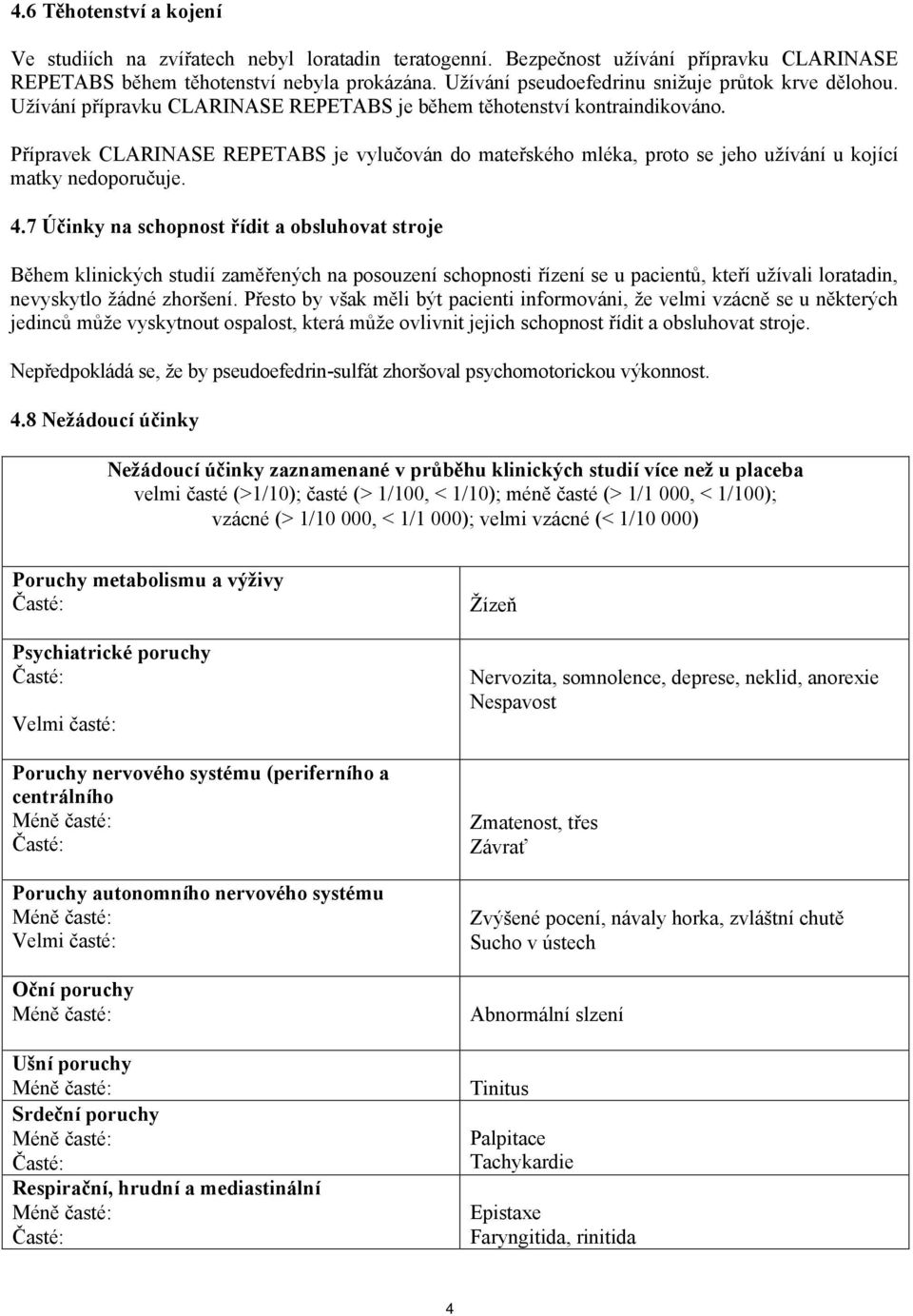 Přípravek CLARINASE REPETABS je vylučován do mateřského mléka, proto se jeho užívání u kojící matky nedoporučuje. 4.