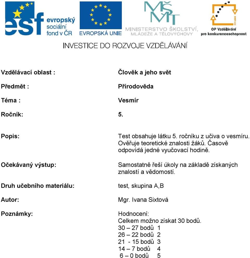 Ověřuje teoretické znalosti žáků. Časově odpovídá jedné vyučovací hodině.