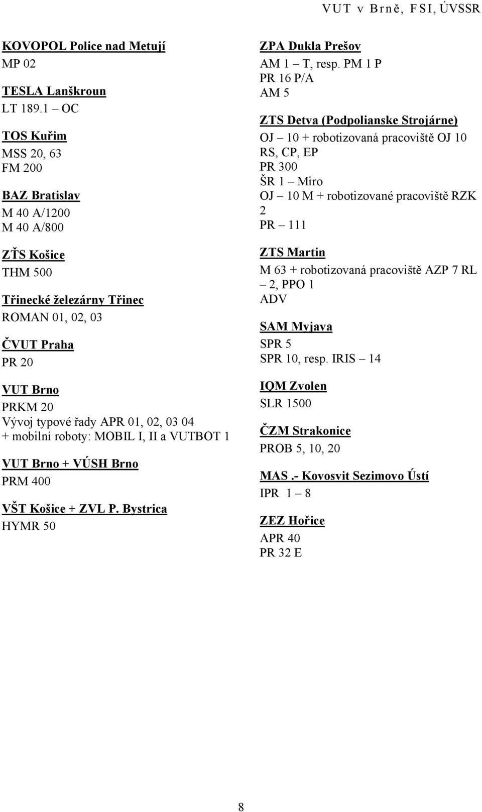 03 04 + mobilní roboty: MOBIL I, II a VUTBOT 1 VUT Brno + VÚSH Brno PRM 400 VŠT Košice + ZVL P. Bystrica HYMR 50 ZPA Dukla Prešov AM 1 T, resp.