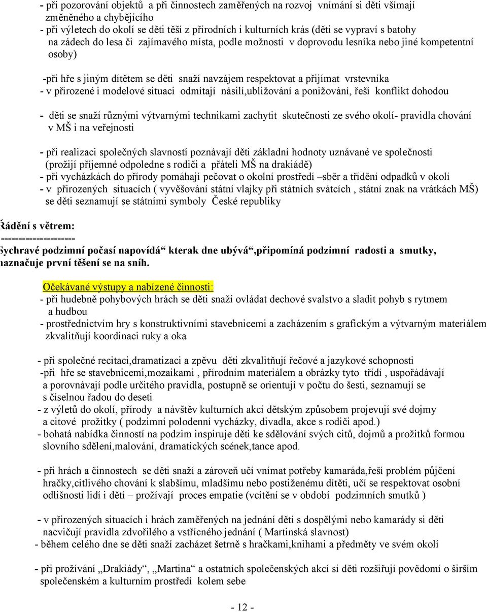 přirozené i modelové situaci odmítají násilí,ubližování a ponižování, řeší konflikt dohodou - děti se snaží různými výtvarnými technikami zachytit skutečnosti ze svého okolí- pravidla chování v MŠ i