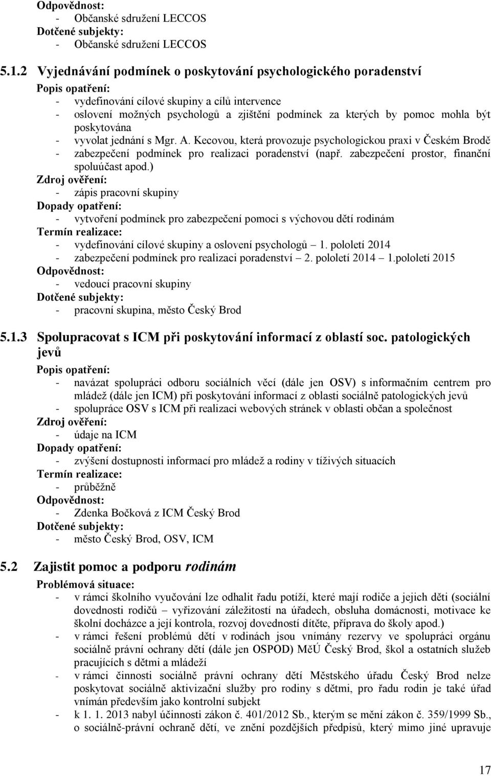 poskytována - vyvolat jednání s Mgr. A. Kecovou, která provozuje psychologickou praxi v Českém Brodě - zabezpečení podmínek pro realizaci poradenství (např.