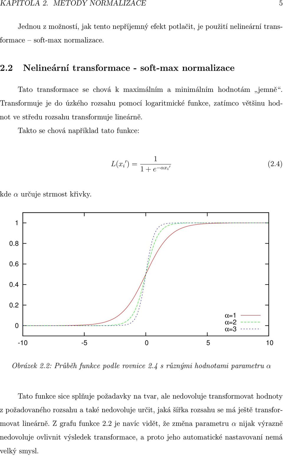 4) kde α určuje strmost křivky. 1 0.8 0.6 0.4 0.2 0 α=1 α=2 α=3-10 -5 0 5 10 Obrázek 2.2: Průběh funkce podle rovnice 2.