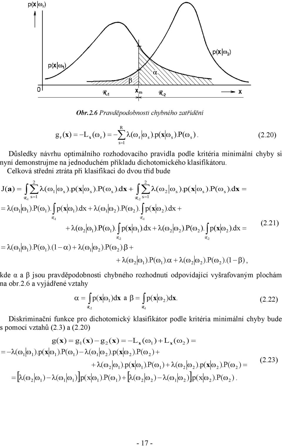 P( ).( ) ( ).P( ). ( R s ).P( ). ( ).P( ).( ), ( s R s (.) kde α a β jsou pavděpodobnosti chybného ozhodnutí odpovídající vyšafovaným plochám na ob..6 a vyjádřené vztahy R ( x )dx a p( x )dx. (.) p R Diskiminační funkce po dichotomický klasifikáto podle kitéia minimální chyby bude s pomocí vztahů (.