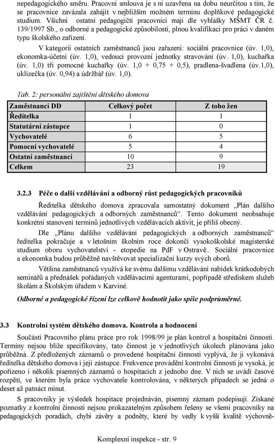 V kategorii ostatních zaměstnanců jsou zařazeni: sociální pracovnice (úv. 1,0), ekonomka-účetní (úv. 1,0), vedoucí provozní jednotky stravování (úv. 1,0), kuchařka (úv. 1,0) tři pomocné kuchařky (úv.