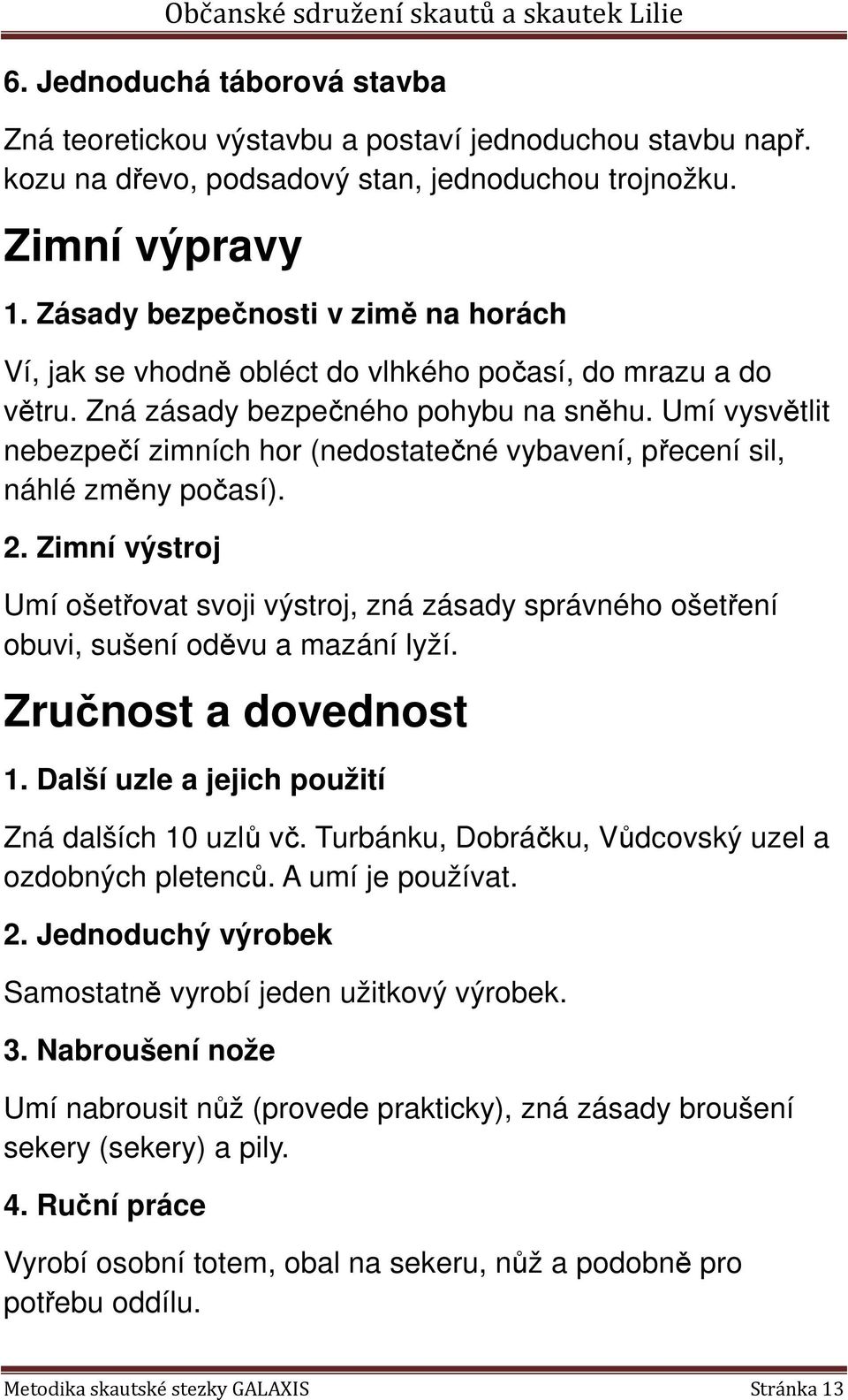 Umí vysvětlit nebezpečí zimních hor (nedostatečné vybavení, přecení sil, náhlé změny počasí). 2.