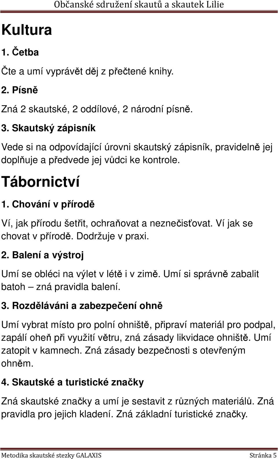 Chování v přírodě Ví, jak přírodu šetřit, ochraňovat a neznečisťovat. Ví jak se chovat v přírodě. Dodržuje v praxi. 2. Balení a výstroj Umí se obléci na výlet v létě i v zimě.