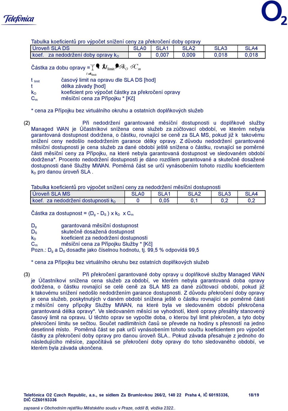výpočet částky za překročení opravy měsíční cena za Přípojku * [Kč] * cena za Přípojku bez virtuálního okruhu a ostatních doplňkových služeb (2) Při nedodržení garantované měsíční dostupnosti u