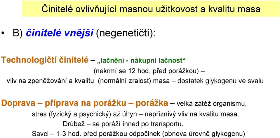 před porážkou) vliv na zpeněžování a kvalitu (normální zralost) masa dostatek glykogenu ve svalu Doprava příprava na