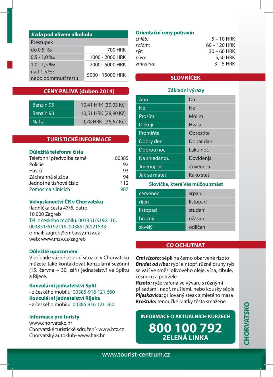 telefonní čísla Telefonní předvolba země 00385 Policie 92 Hasiči 93 Záchranná služba 94 Jednotné tísňové číslo 112 Pomoc na silnicích 987 Velvyslanectví ČR v Chorvatsku Radnička cesta 47/6.