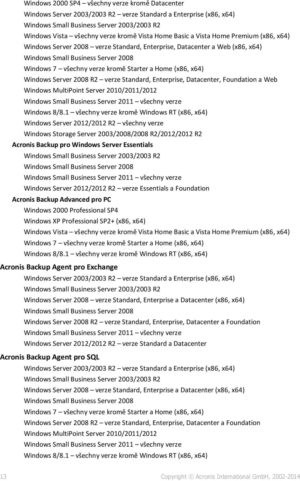 (x86, x64) Windows Server 2008 R2 verze Standard, Enterprise, Datacenter, Foundation a Web Windows MultiPoint Server 2010/2011/2012 Windows Small Business Server 2011 všechny verze Windows 8/8.