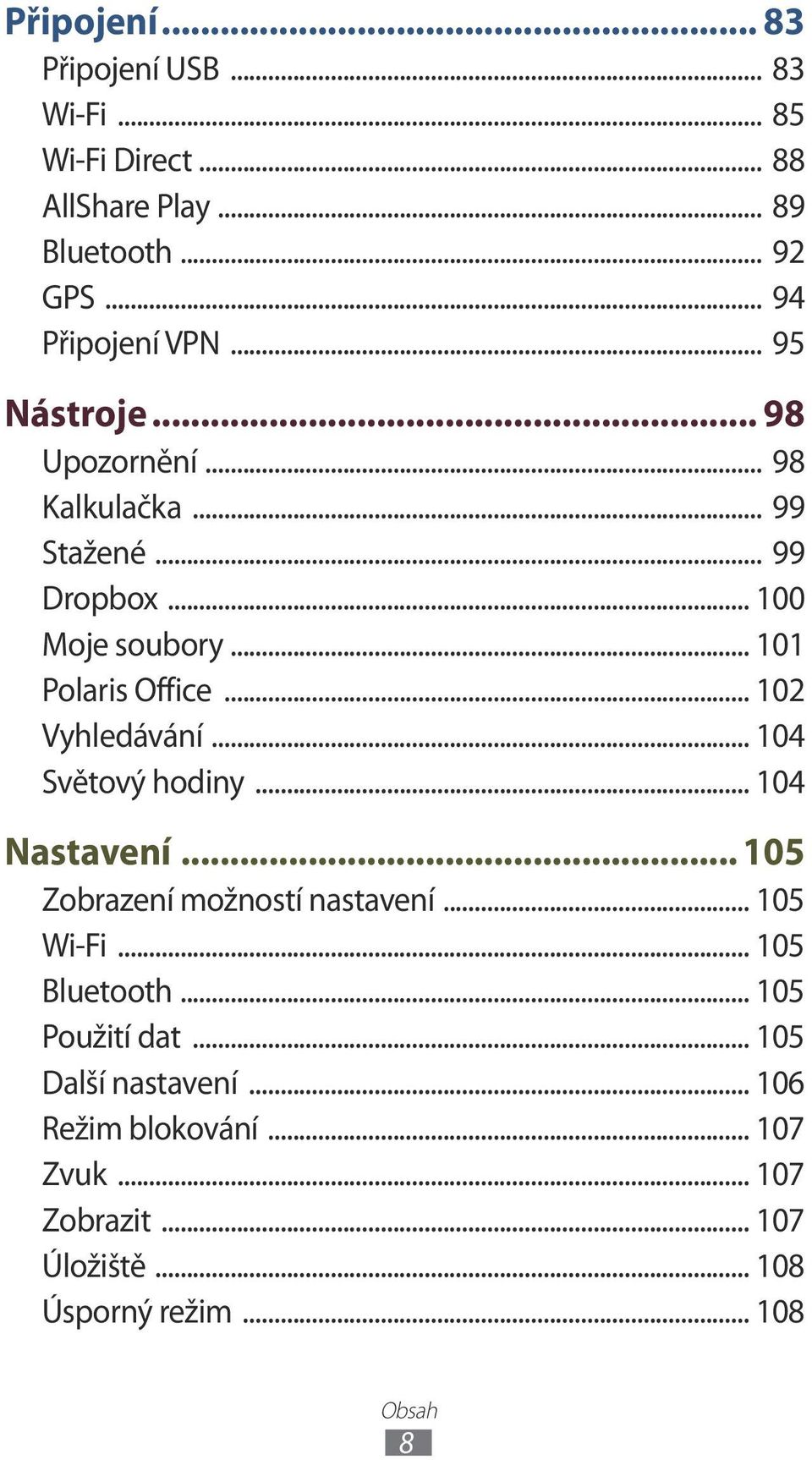 .. 102 Vyhledávání... 104 Světový hodiny... 104 Nastavení... 105 Zobrazení možností nastavení... 105 Wi-Fi... 105 Bluetooth.