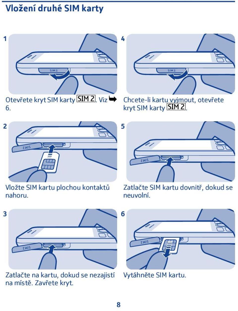 5 Vložte SIM kartu plochou kontaktů nahoru.