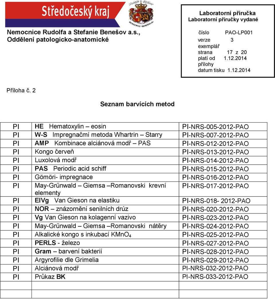 červeň PI-NRS-013-2012-PAO PI Luxolová modř PI-NRS-014-2012-PAO PI PAS Periodic acid schiff PI-NRS-015-2012-PAO PI Gӧmӧri- impregnace PI-NRS-016-2012-PAO PI May-Grűnwald Giemsa Romanovski krevní