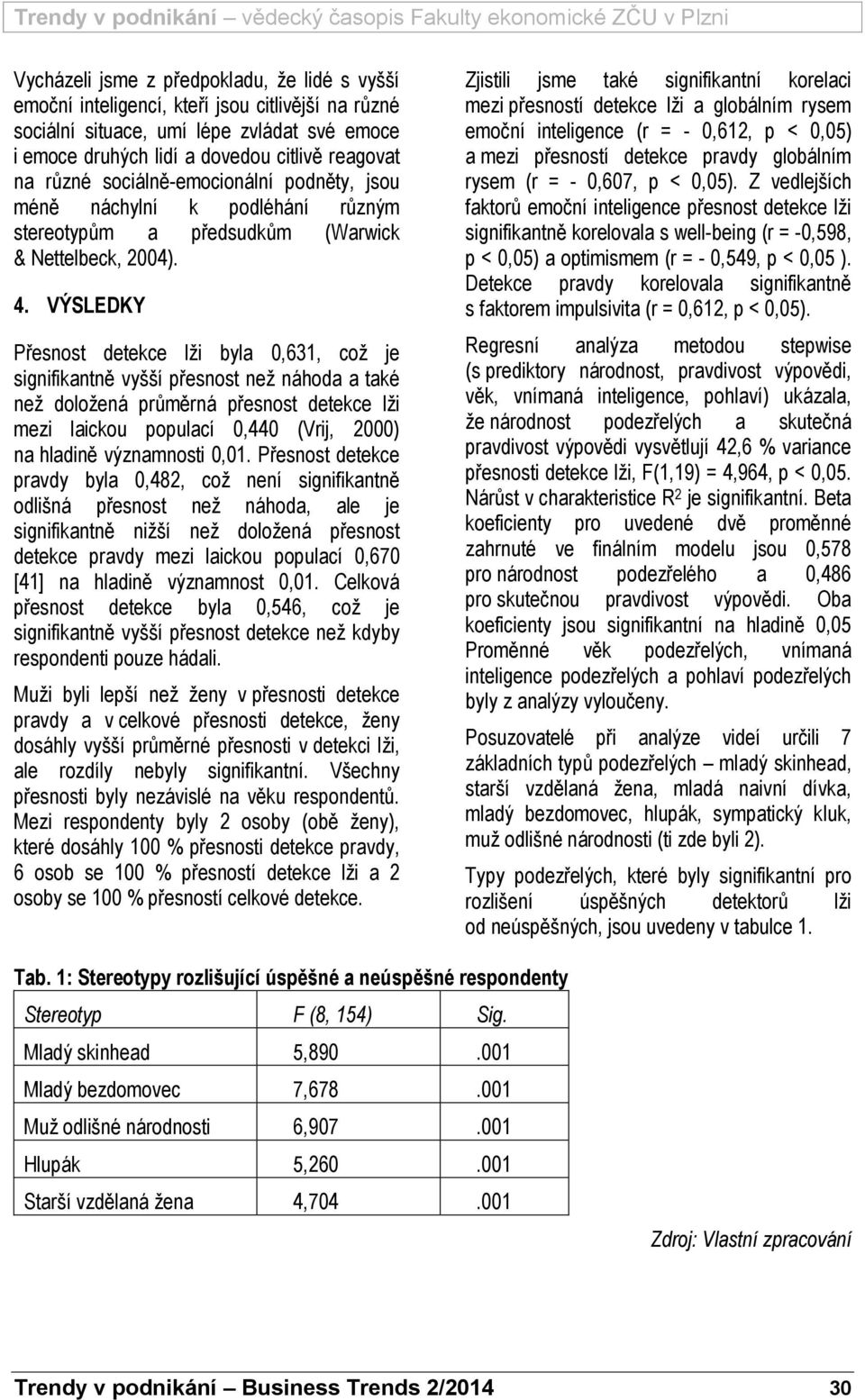 VÝSLEDKY Přesnost detekce lži byla 0,631, což je signifikantně vyšší přesnost než náhoda a také než doložená průměrná přesnost detekce lži mezi laickou populací 0,440 (Vrij, 2000) na hladině