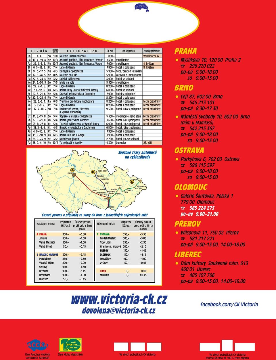 900, hotel/penzion se snídaní Ne 17. 5. 24. 5. Ne 8/5 Na kole po Elbě 5.900, karavan n. mobilhome Pá 22. 5. 24. 5. Ne 3/2 Labská cyklostezka 3.900, hotel se snídaní Ne 24. 5. 30. 5. So 7/5 Istrie na kole 5.