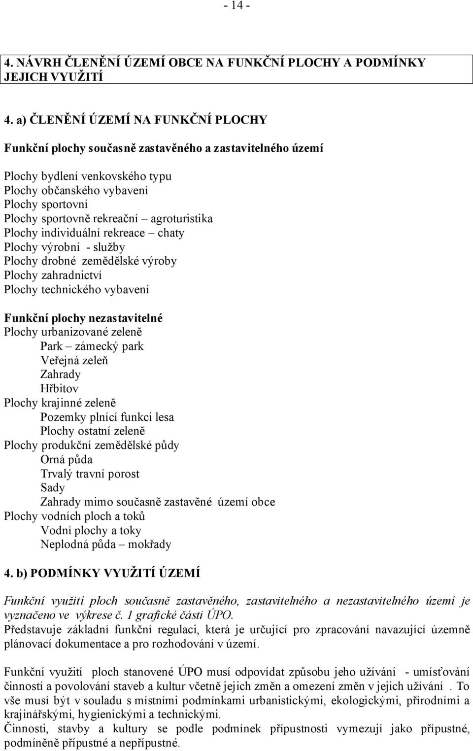 agroturistika Plochy individuální rekreace chaty Plochy výrobní - služby Plochy drobné zemědělské výroby Plochy zahradnictví Plochy technického vybavení Funkční plochy nezastavitelné Plochy