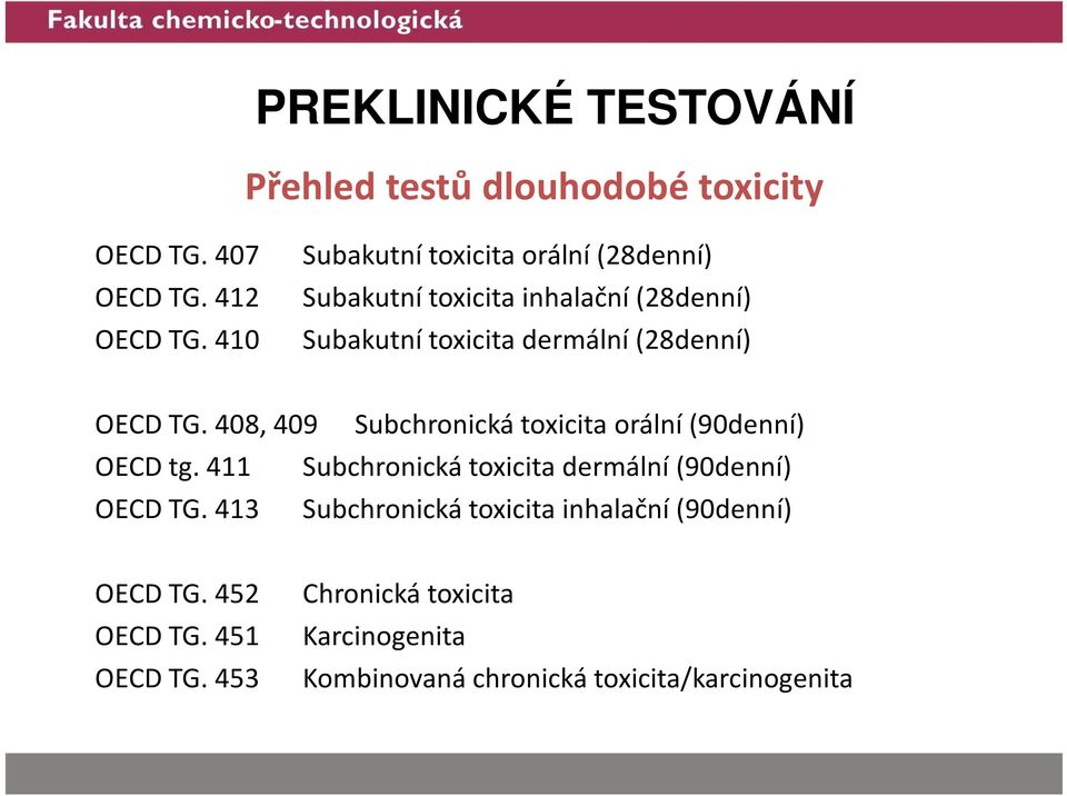 408, 409 Subchronická toxicita orální (90denní) OECD tg. 411 Subchronická toxicita dermální (90denní) OECD TG.