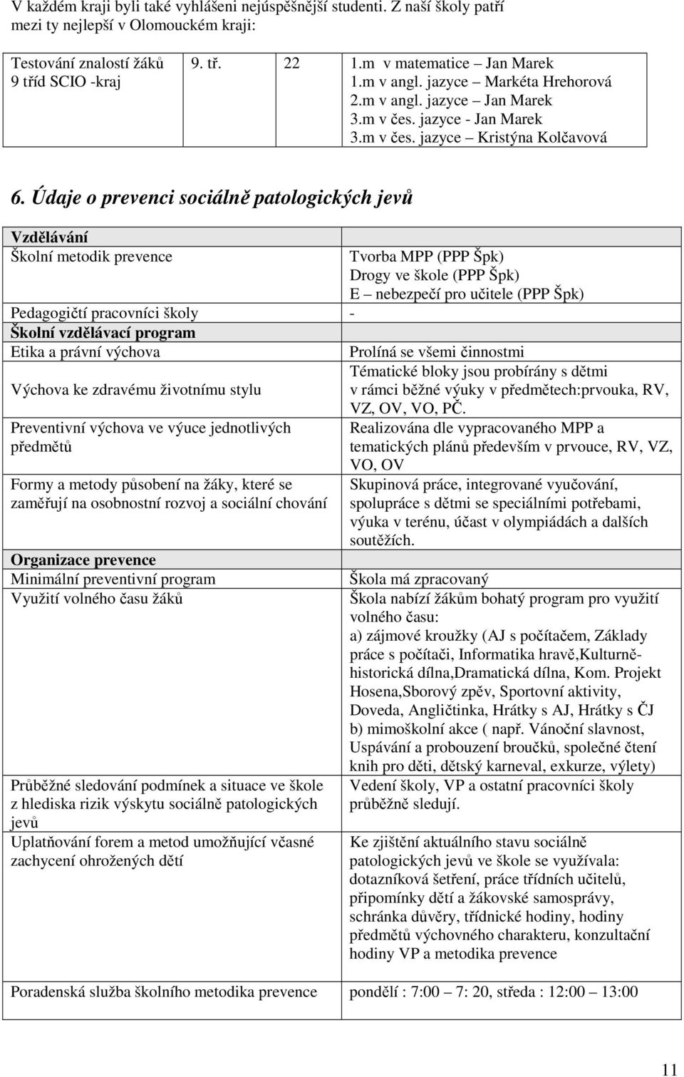 Údaje o prevenci sociálně patologických jevů Vzdělávání Školní metodik prevence Pedagogičtí pracovníci školy - Školní vzdělávací program Etika a právní výchova Výchova ke zdravému životnímu stylu