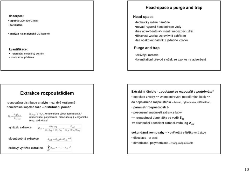 převod složek ze vzorku na adsorbent Extrakce rozpouštědlem rovnovážná distribuce analytu mezi dvě vzájemně nemísitelné kapalné fáze distribuční poměr (ca) org Dc = ( ca) aq výtěžek extrakce