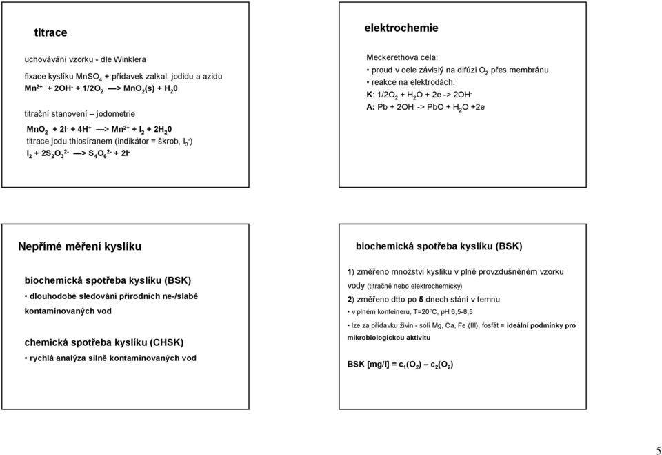 2e -> 2OH - A: Pb + 2OH - -> PbO + H 2 O +2e MnO 2 + 2I - + 4H + >Mn 2+ +I 2 +2H 2 0 titracejodu thiosíranem (indikátor = škrob, I 3- ) I 2 + 2S 2 O 3 > S 4 O 6 + 2I - Nepřímé měření kyslíku