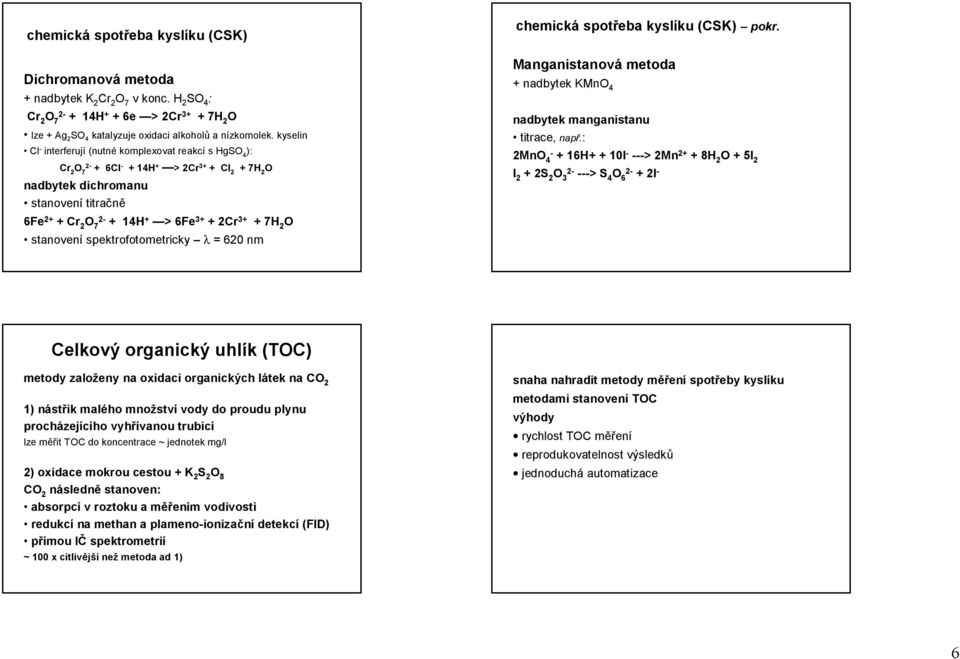 2 O stanovení spektrofotometricky λ= 620 nm chemická spotřeba kyslíku (CSK) pokr. Manganistanová metoda + nadbytek KMnO 4 nadbytek manganistanu titrace, např.