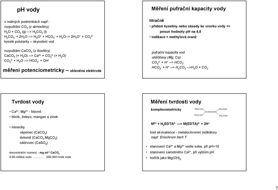 titračně přidání kyseliny nebo zásady ke vzorku vody => posun hodnoty ph na 4,5 indikace = methylová oranž rozpuštění CaCO 3 (z litosféry) CaCO 3 (+ H 2 O)--> Ca 2+ + CO 3 (+ H 2 O) CO 3 + H 2 O -->