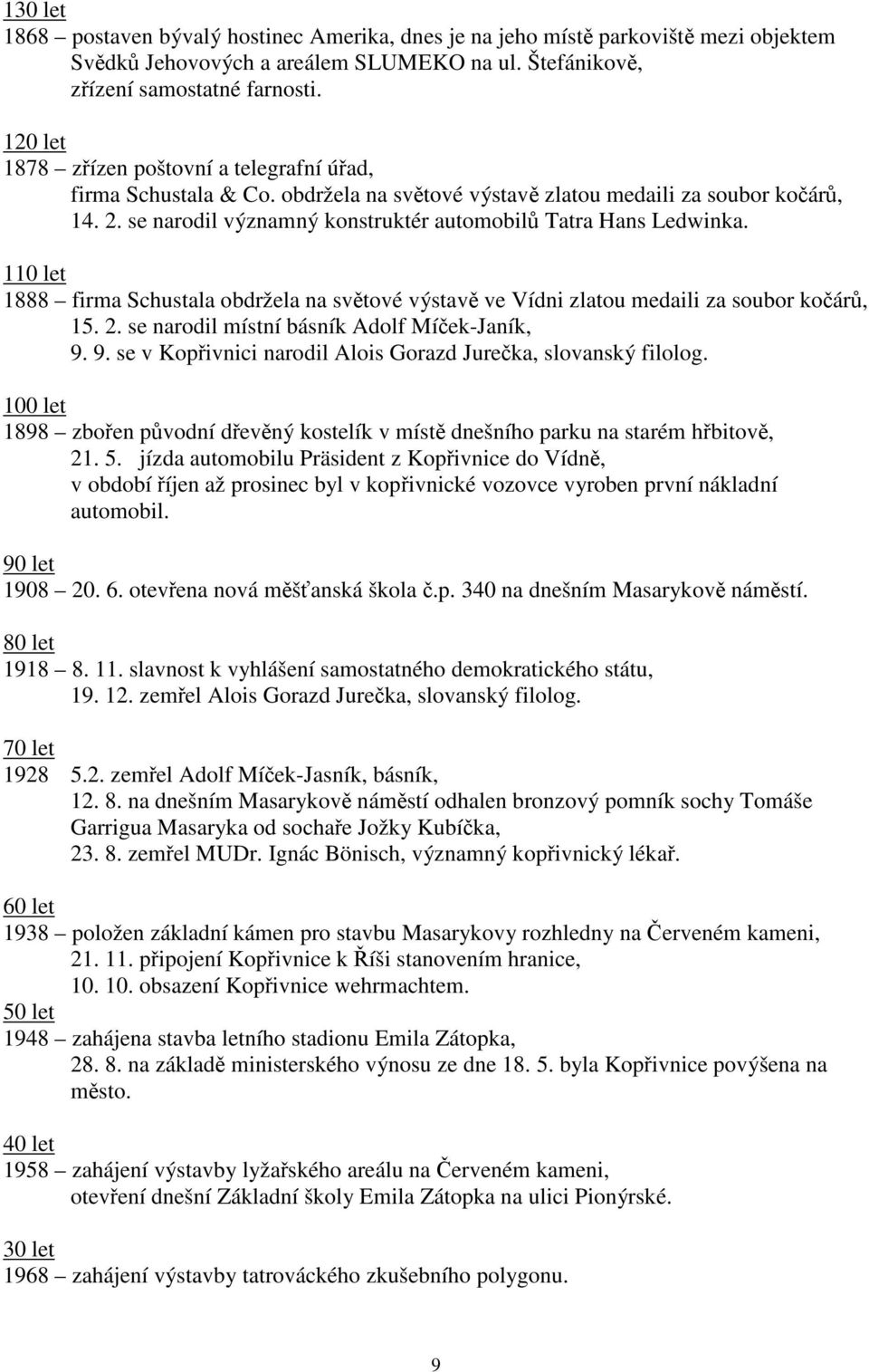 se narodil významný konstruktér automobilů Tatra Hans Ledwinka. 110 let 1888 firma Schustala obdržela na světové výstavě ve Vídni zlatou medaili za soubor kočárů, 15. 2.