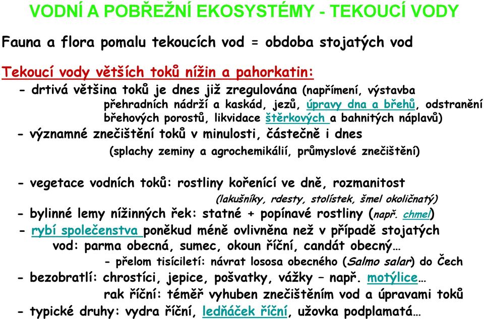 dnes (splachy zeminy a agrochemikálií, průmyslové znečištění) - vegetace vodních toků: rostliny kořenící ve dně, rozmanitost (lakušníky, rdesty, stolístek, šmel okoličnatý) - bylinné lemy nížinných