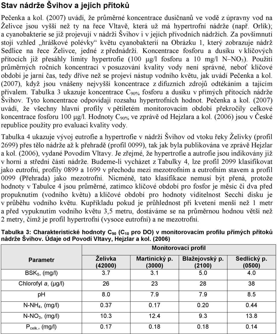 Orlík); a cyanobakterie se již projevují v nádrži Švihov i v jejích přívodních nádržích.