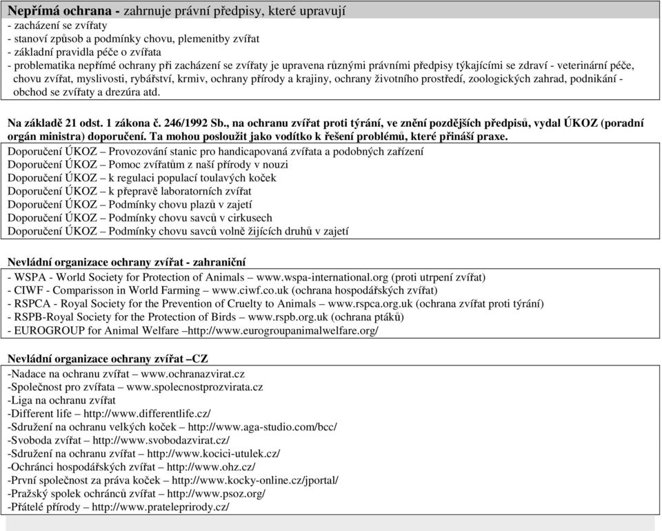 životního prostředí, zoologických zahrad, podnikání - obchod se zvířaty a drezúra atd. Na základě 21 odst. 1 zákona č. 246/1992 Sb.